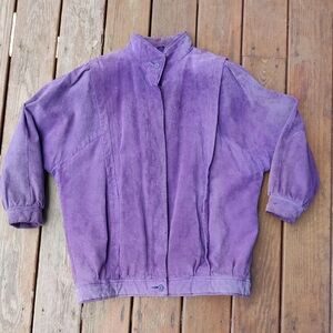 80s Purple Suede Leather Jacket Womens L Midi Vintage Gallery Shoulder Pads